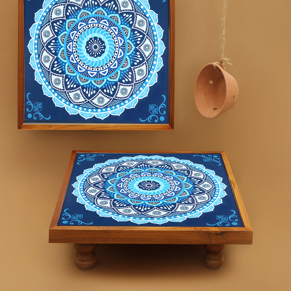 Add serenity to your space with the Bajot Calm Blue Mandala, a Teak Wood masterpiece perfect for decor, pooja, and spiritual decor. Ideal for placing god idols, this piece features Serenity Mandala Art, creating a harmonious atmosphere in your home.
