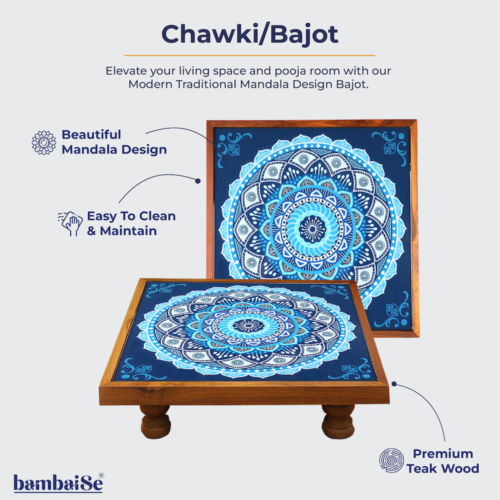 Experience the beauty of the Bajot Calm Blue Mandala, crafted from Teak Wood and adorned with Serenity Mandala Art. Elevate your decor, pooja, and spiritual spaces with this versatile piece, designed for placing god idols and creating a serene ambiance.