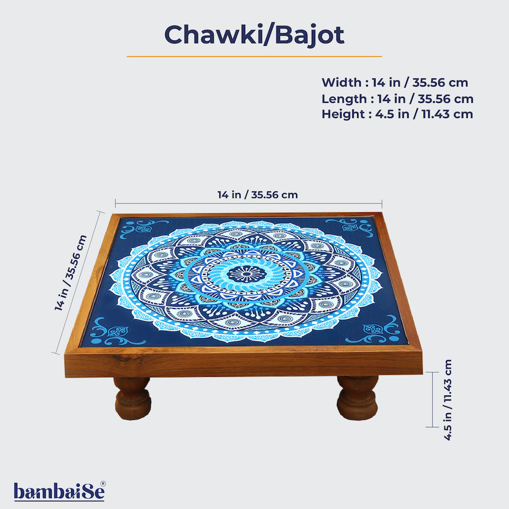 Transform your home with the Bajot Calm Blue Mandala, a Teak Wood marvel featuring Serenity Mandala Art. Perfect for decor, pooja, and spiritual decor, this piece serves as an elegant platform for placing god idols, infusing your space with serene vibes.
