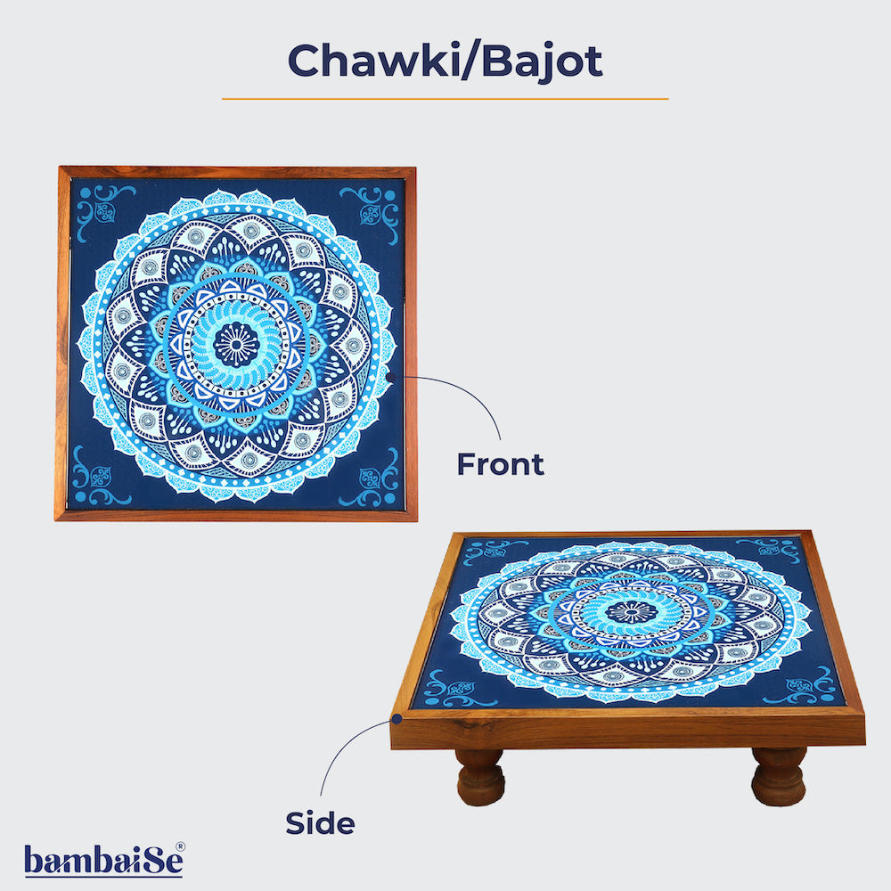 Introducing the Bajot Calm Blue Mandala – a Teak Wood creation with Serenity Mandala Art, ideal for decor, pooja, and spiritual decor. Use it as a divine platform for placing god idols and bring a sense of peace and elegance to your space.