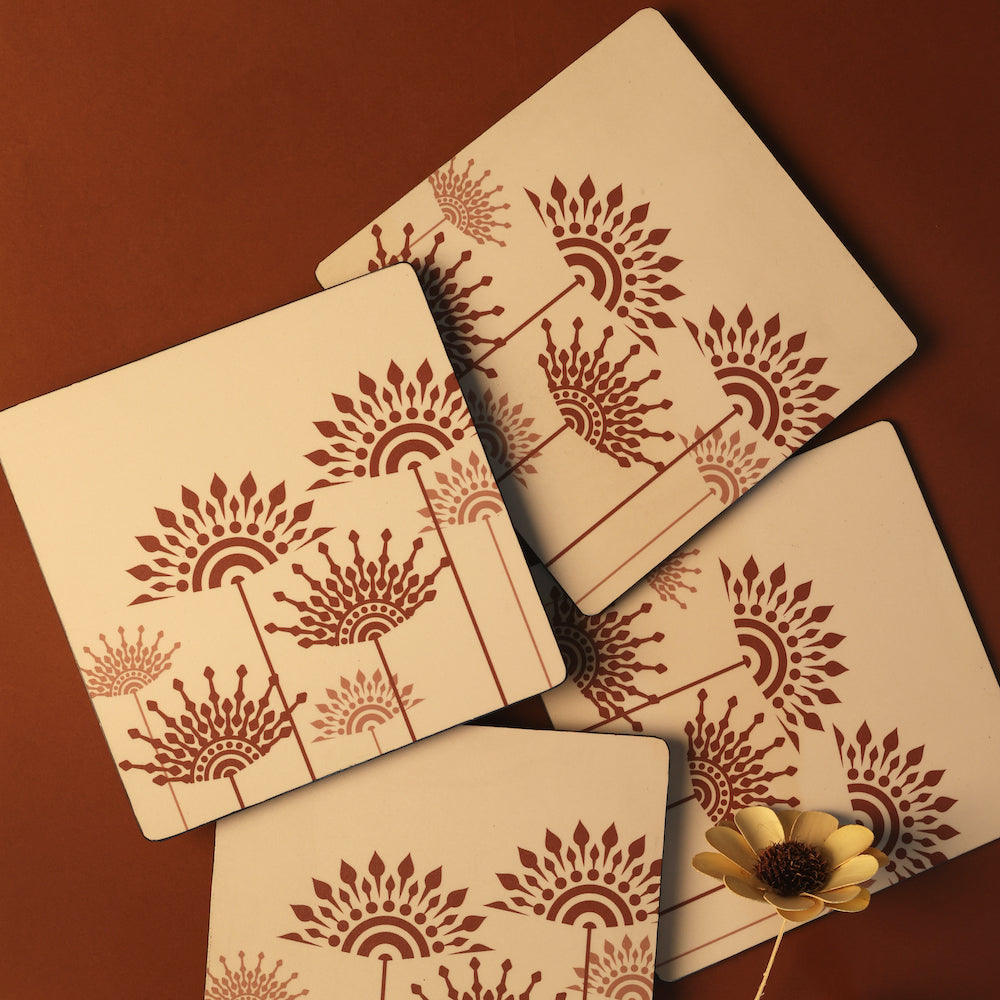 Set of 4 Peach Cotton Wooden Big Trivets with Mandala Design