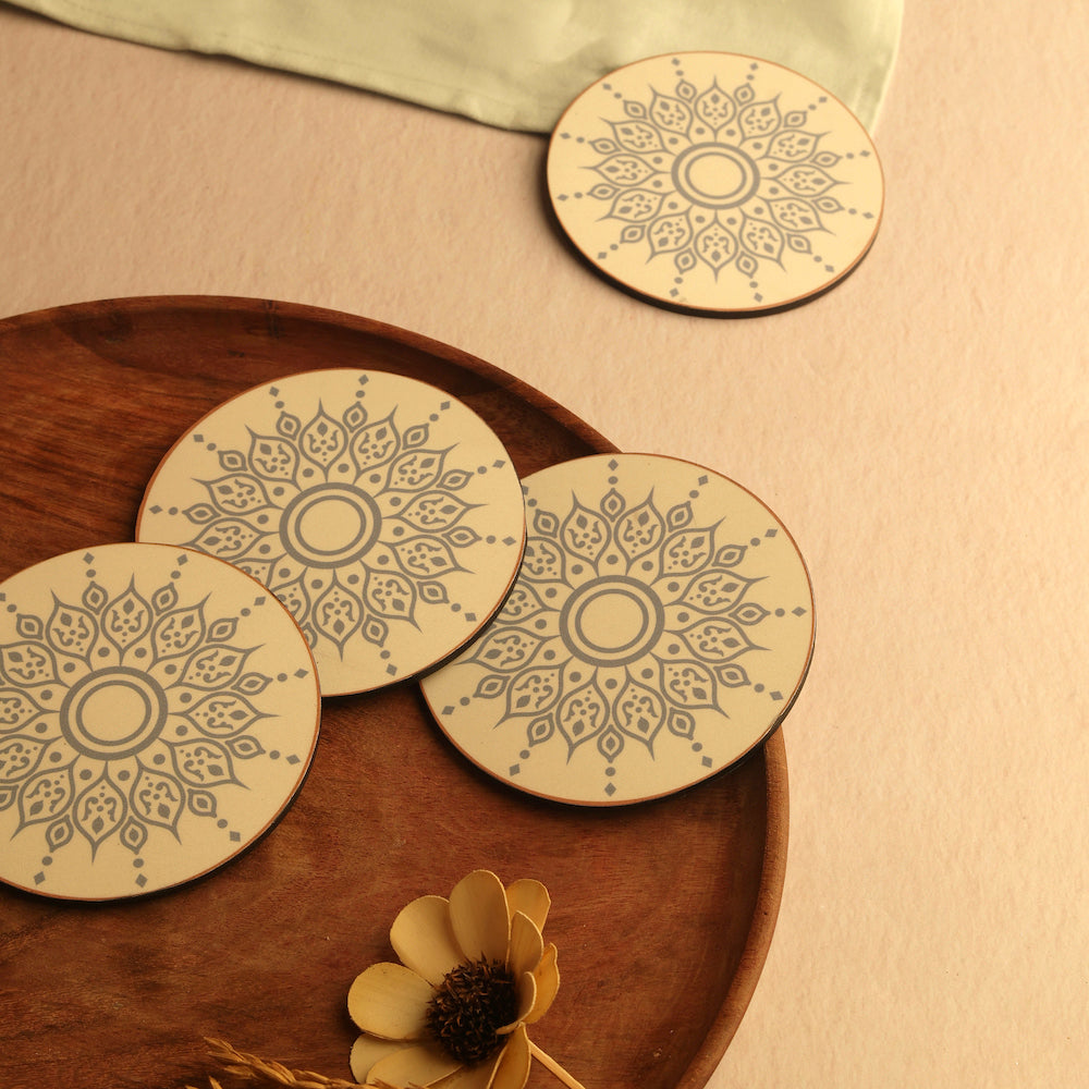 bambaiSe Blue Bloom Wood Coasters with Mandala Art