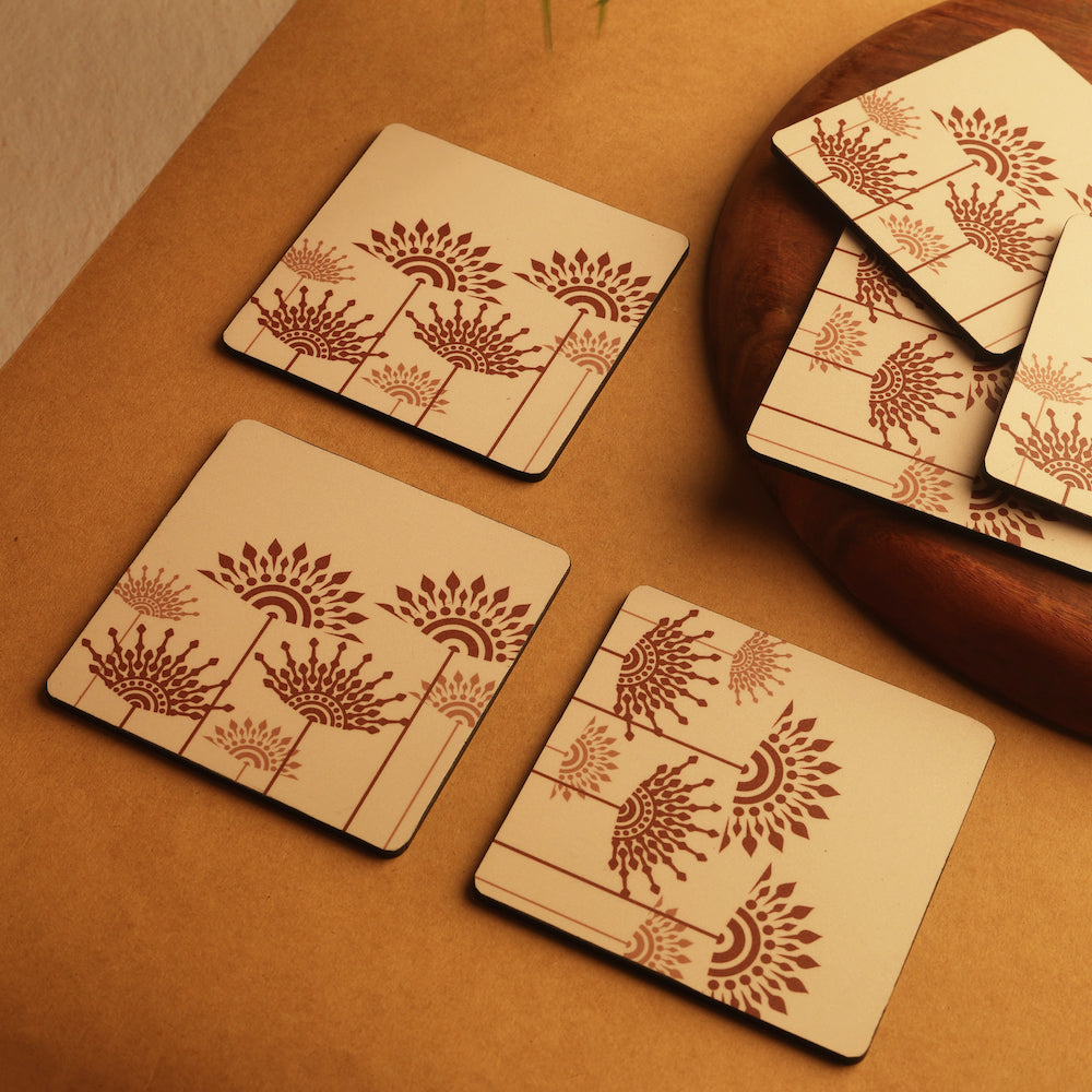 Set of 6 Peach Cotton Wooden Coasters for Table Protection