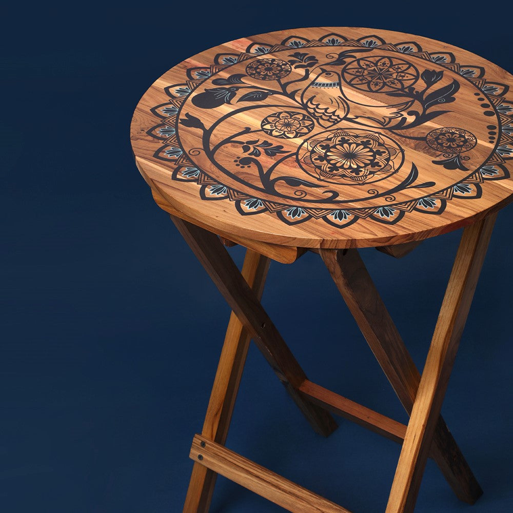 Bird on a Mandala Tree Folding Table with bambaise Teak Wood