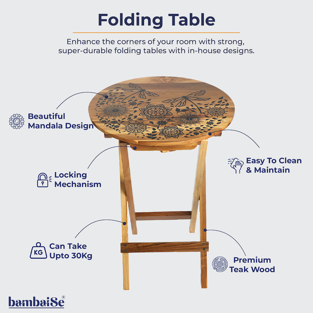 Experience the artistry of our Dragonfly Mandala Round Folding Table, meticulously crafted from 100% Teak Wood. A functional masterpiece for coffee, sofa, bed, or balcony use, designed to bring elegance and ease to your home.