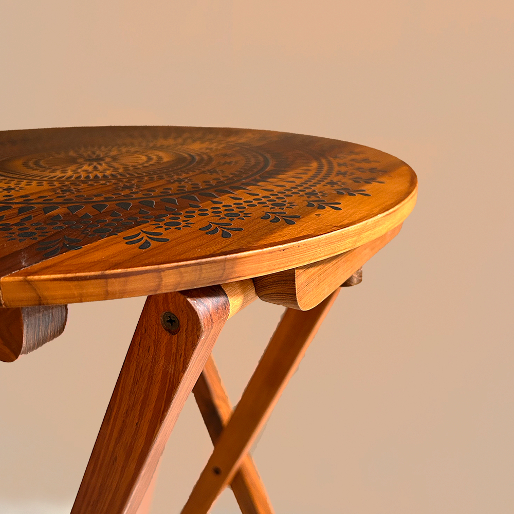 Charm of Mandala Art with our Blooming Teak Round Folding Table. Crafted from 100% Teak Wood