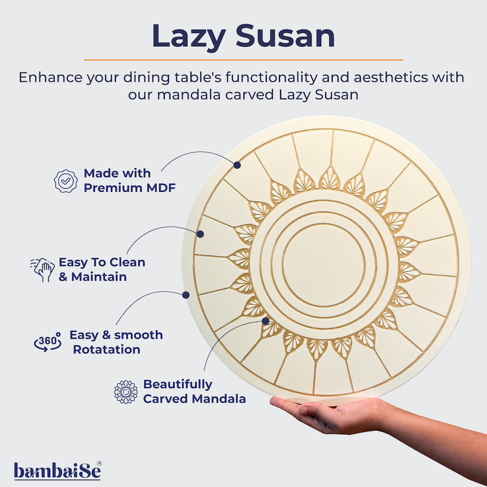 Wooden revolving platter with engraved Mandala Art for Home Décor