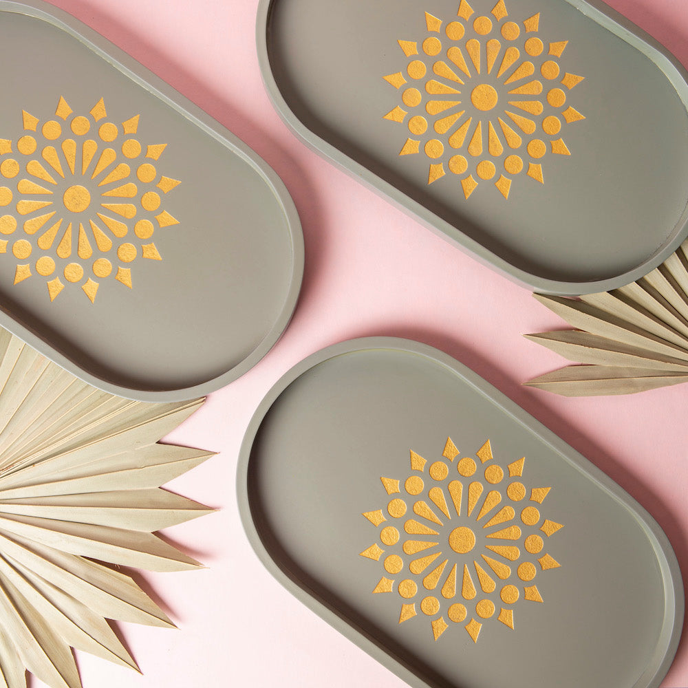 Grey Oval Tray with Mandala Design