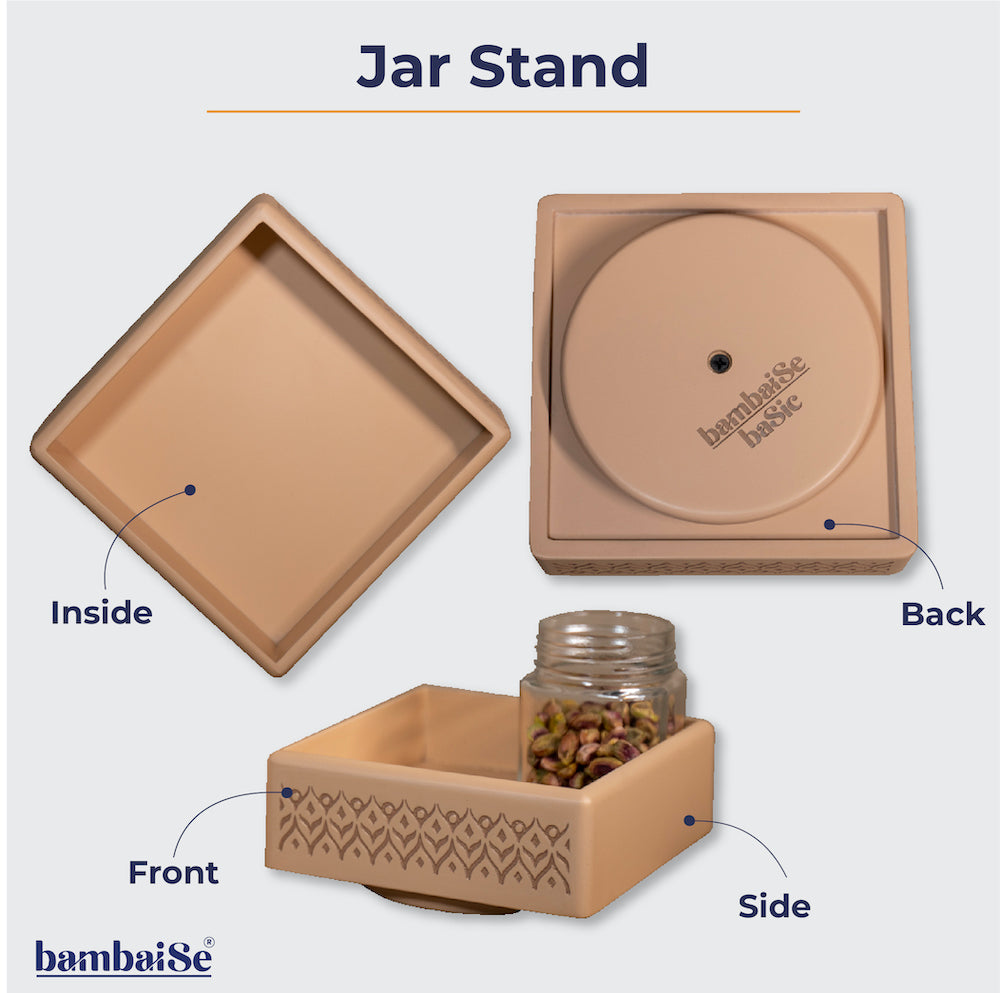 Optimize your storage space with the Vanilla Beige Revolving Jar Tray, a Premium Painted Wood marvel featuring Serenity Mandala Art. Rotate four jars 360 degrees effortlessly, offering a stylish solution for organizing dry fruits or spices. Perfect for use in the kitchen, living room, or as an elegant dining table accessory.