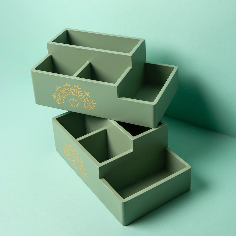Pista Green orange desk organizer with 4 sections and mandala art on the front