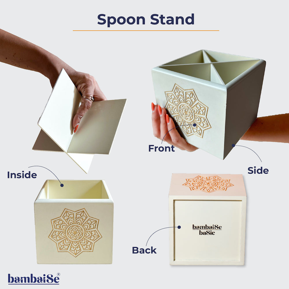 White Wooden Cutlery Stand with golden mandala art on 2 sides