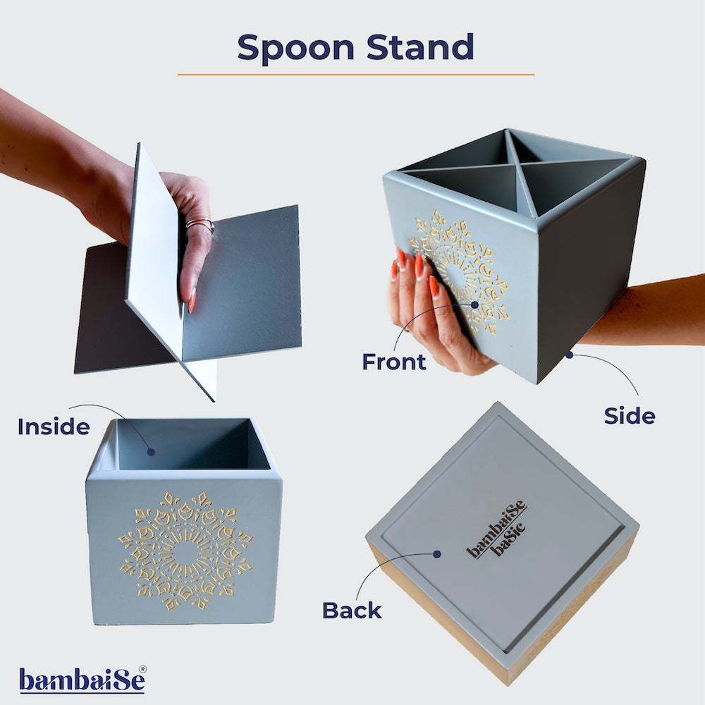 Grey Wooden Cutlery Stand with Mandala Art on the front