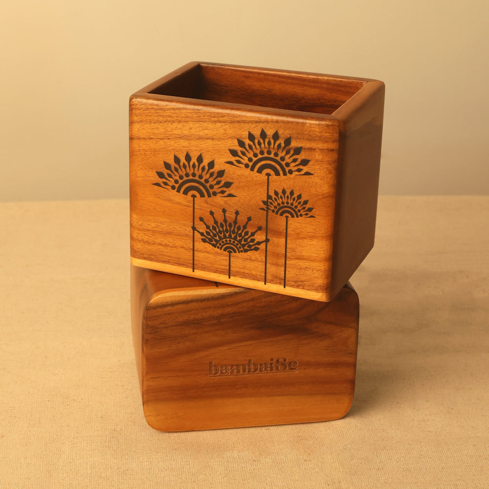 Compact Teak Spoon Holder with Mandala Design