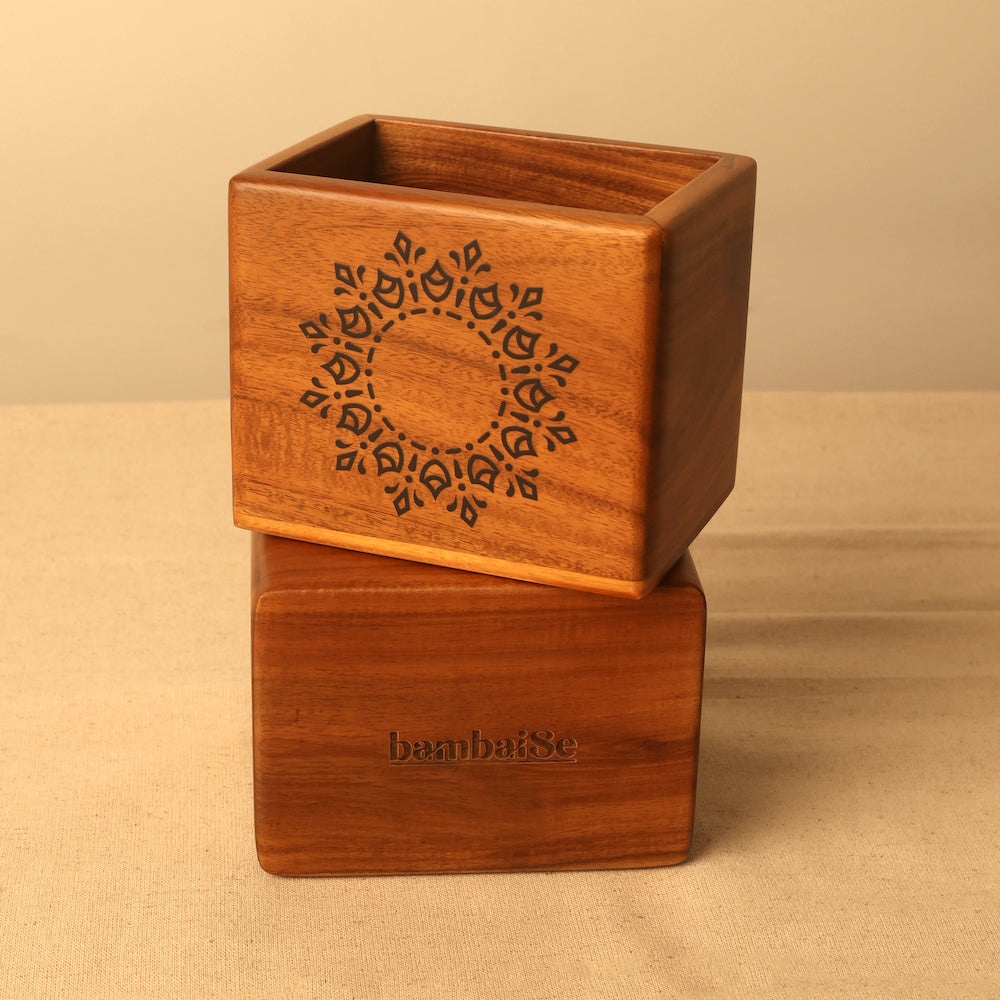Compact Teak Spoon Holder with Windmill Mandala Design