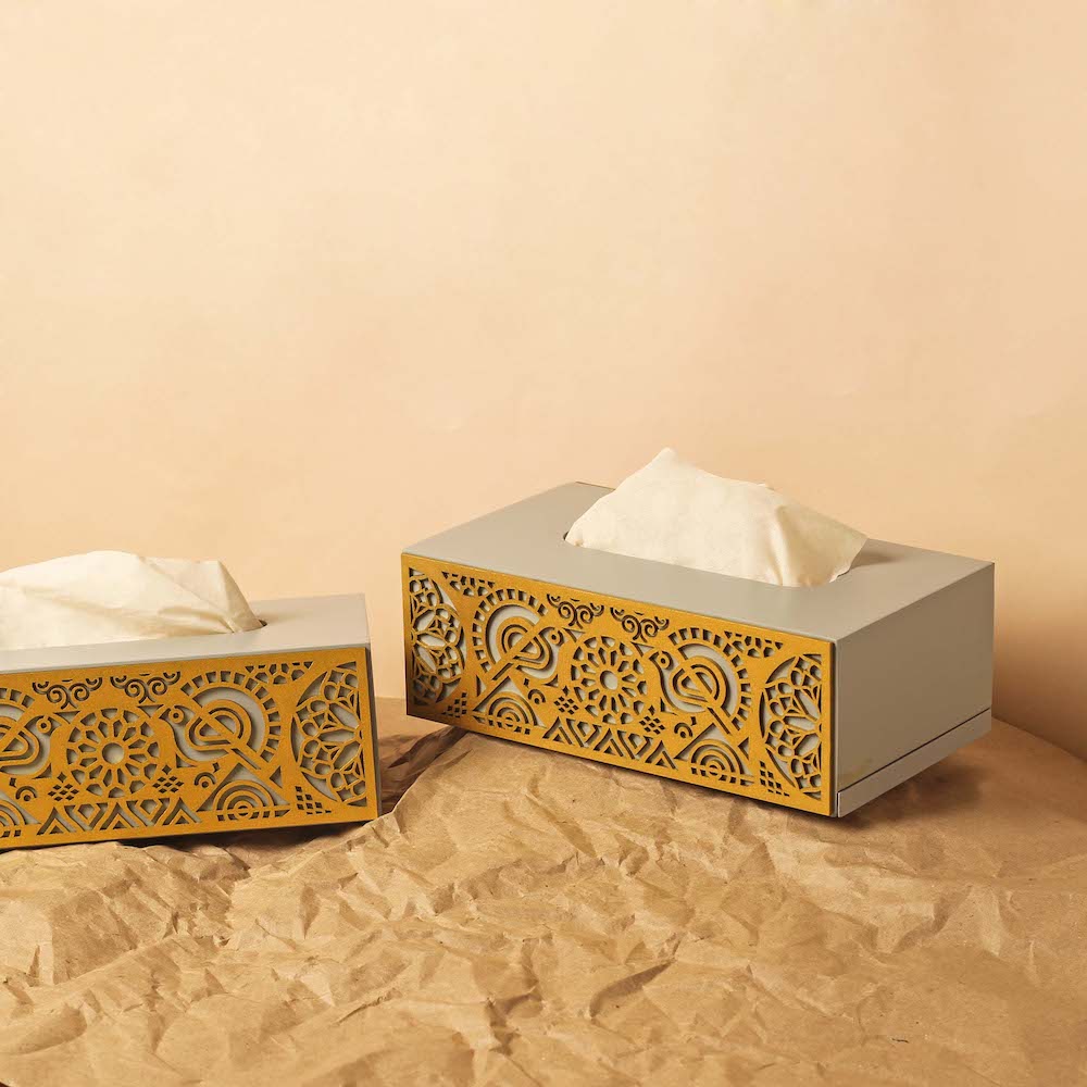 Modern Interior grey gold tissue box with Mandala Art Jhali on both side