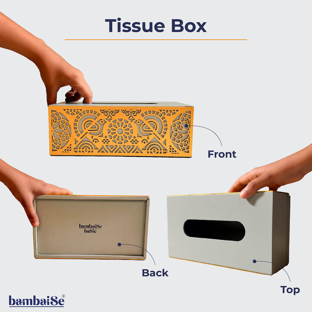 Wooden tissue paper box designed by bambaise for large tissues.