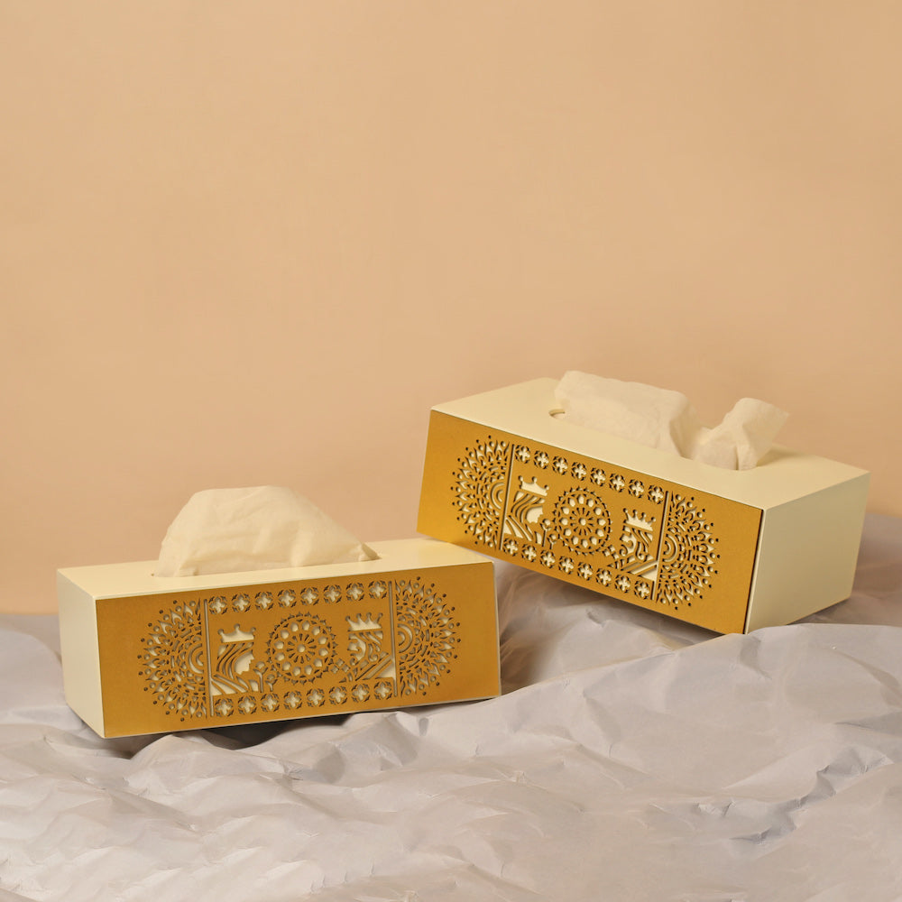 Elegant white gold tissue box, Tissue Holder with Mandala Design for Modern Interior designs
