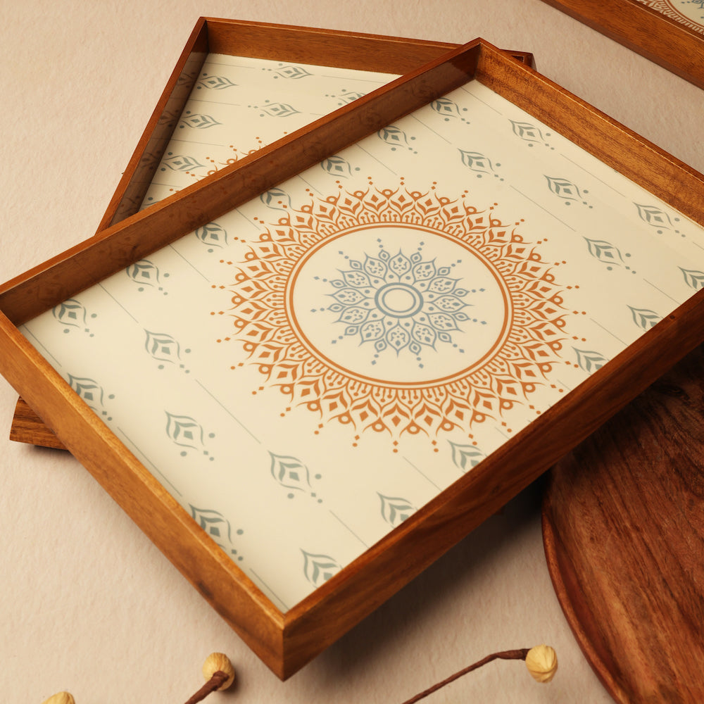 Teak Serving Tray with Intricate Mandala Pattern designed by bambaiSe