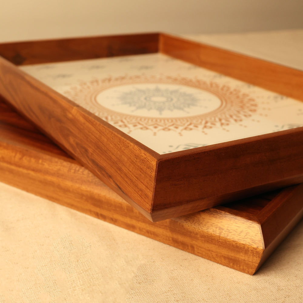 Premium Teak Wood Tray with Blue and Brown Mandala Pattern