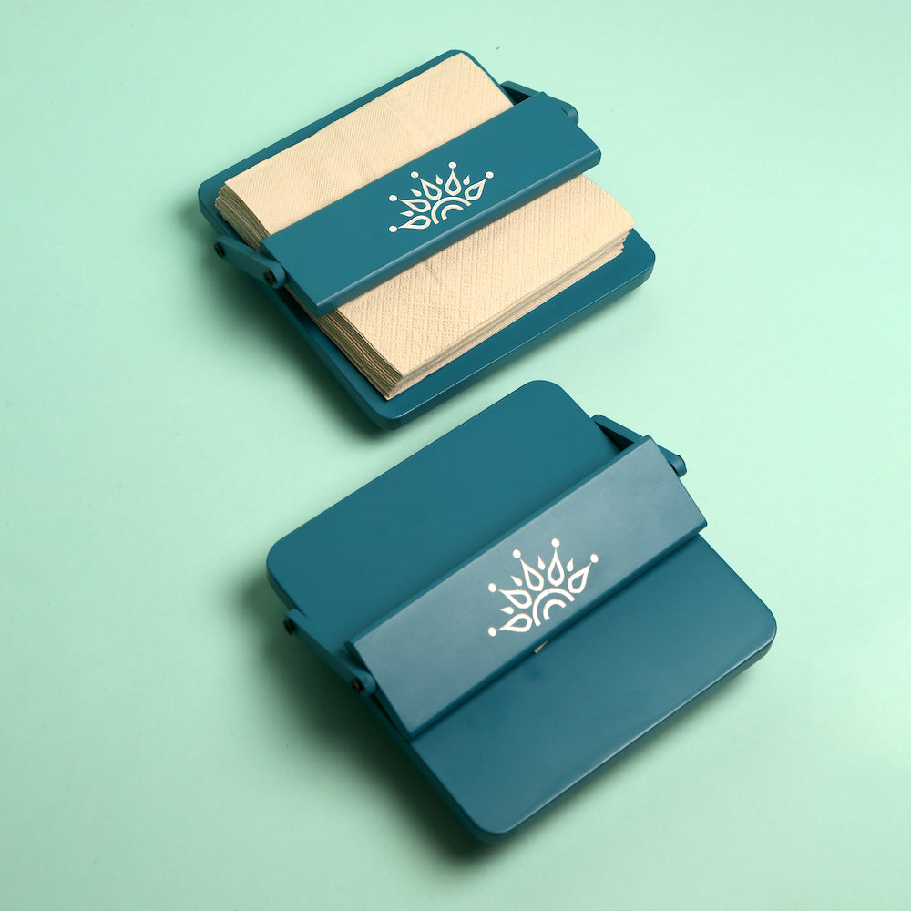 Tissue Tray holder in blue with silver engraved mandala art