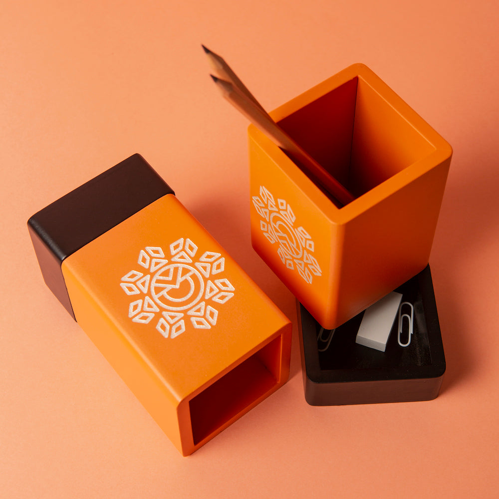 Orange Pen Stand with Base Drawer