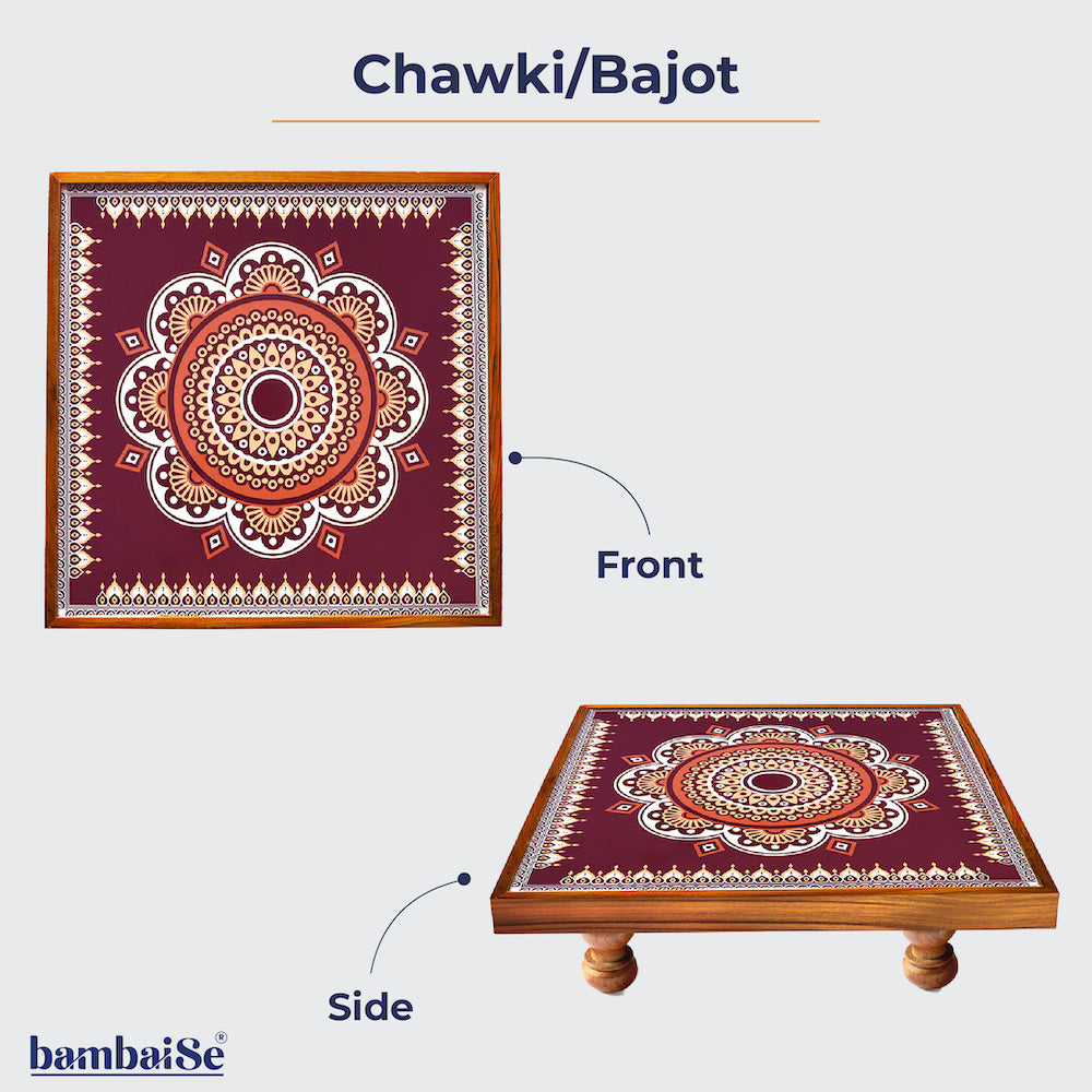 Introducing the Traditional Maroon Mandala Bajot – a Teak Wood masterpiece with Serenity Mandala Art. Embrace cultural diversity with this piece, also recognized as Chowki or Pattla, enhancing your home decor, Pooja ambiance, and festive decorations with its artistic and sacred appeal.