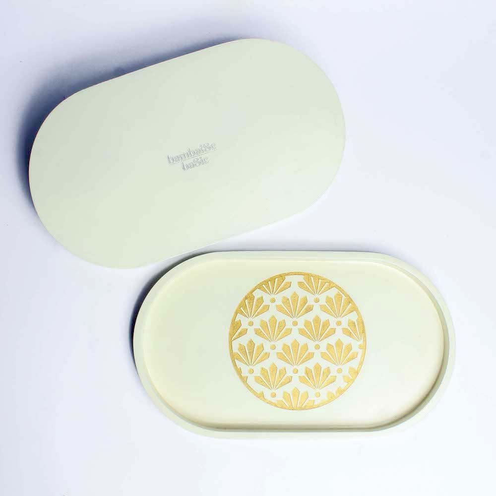 Lotus Carved Oval Tray in Off-white