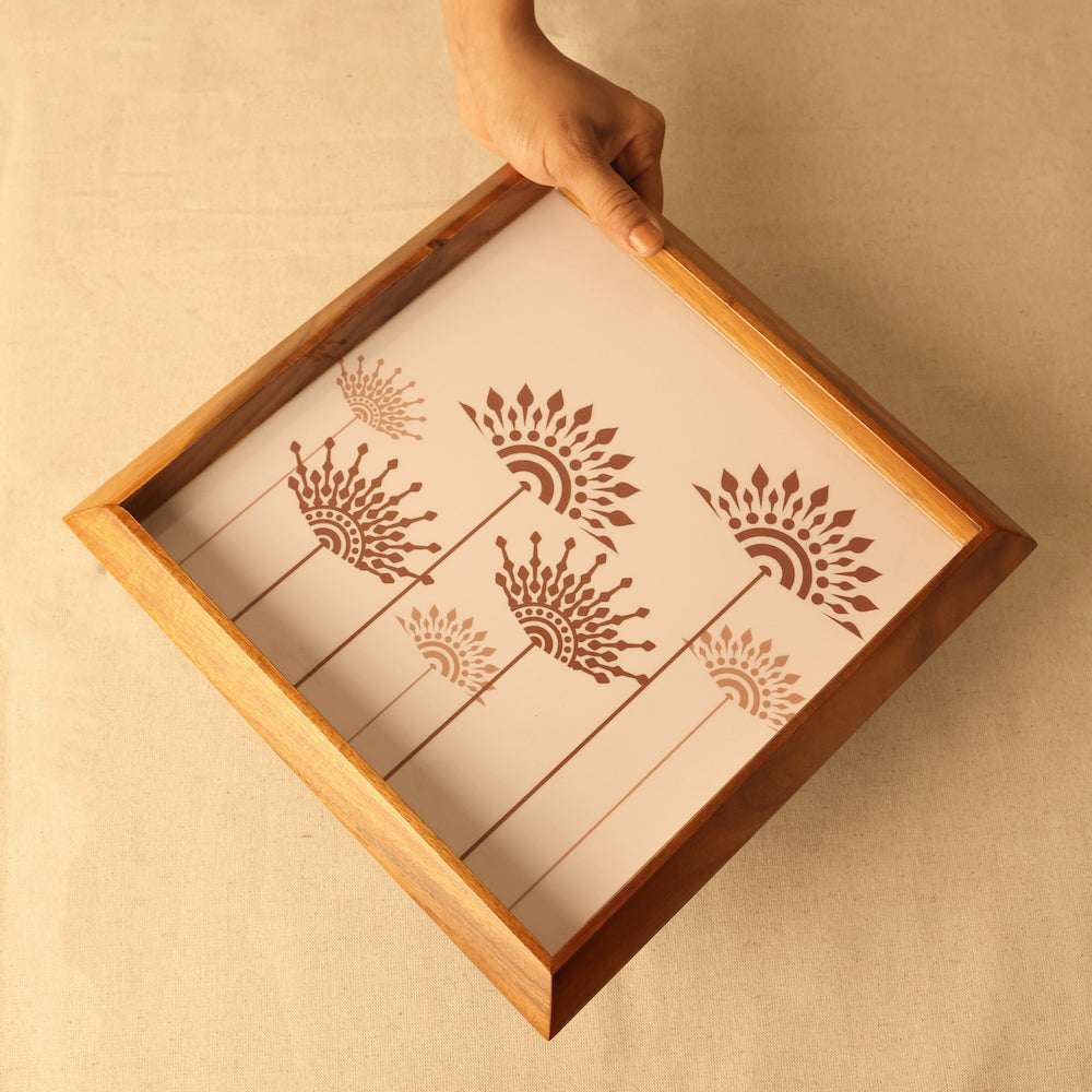 Square Teak Tray with Flower Mandala Design