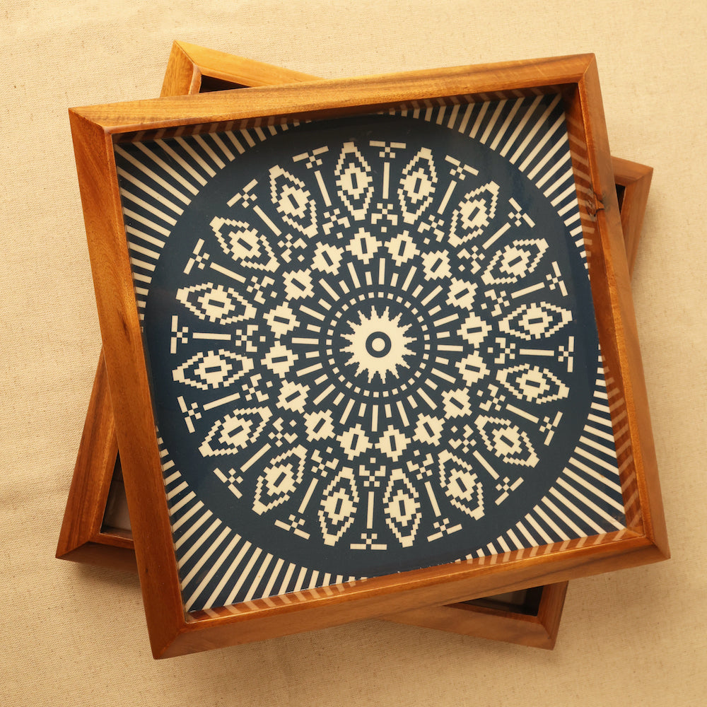 bambaiSe Square Wooden Tray in Elegant Teak Blue