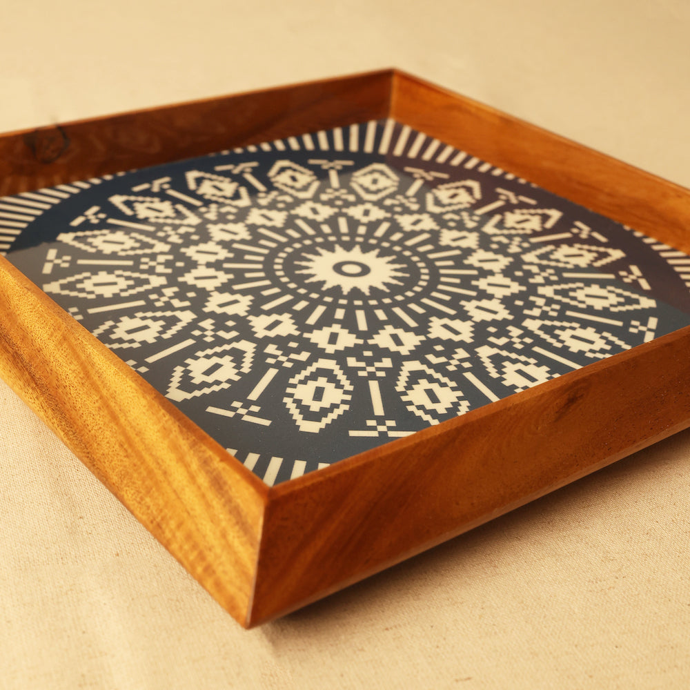 Premium Teak Wood Tray with Blue Mandala Pattern