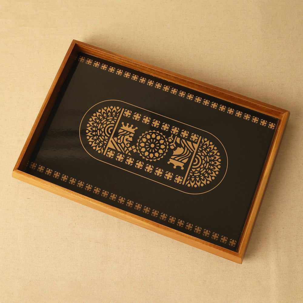 Gold King Queen Rectangle Tray with Teak Wood Construction