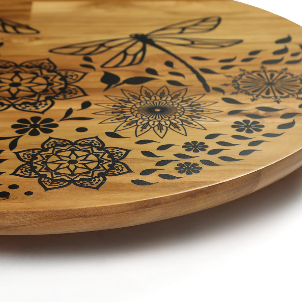 elegant wooden lazy susan with mandala art